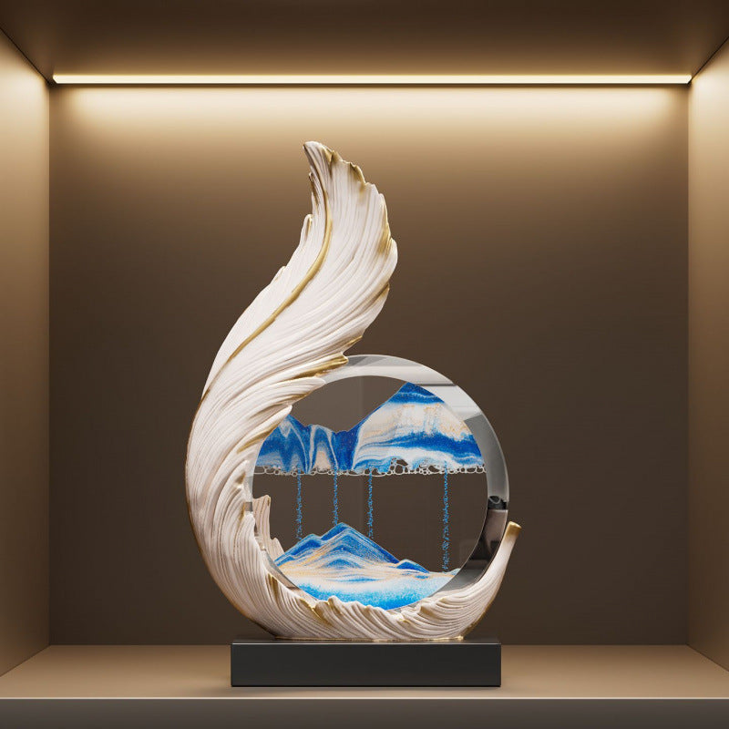 Resin Phoenix Figurine – White Feather design with blue mountain sand art in a lit display niche