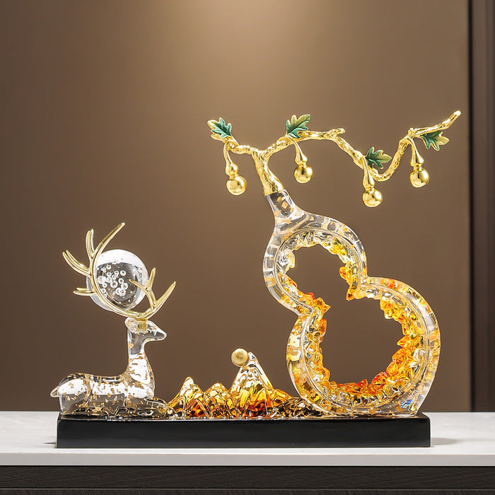Lucky Deer & Gourd Resin Ornament – deer resting beside a golden gourd sculpture in a warm interior