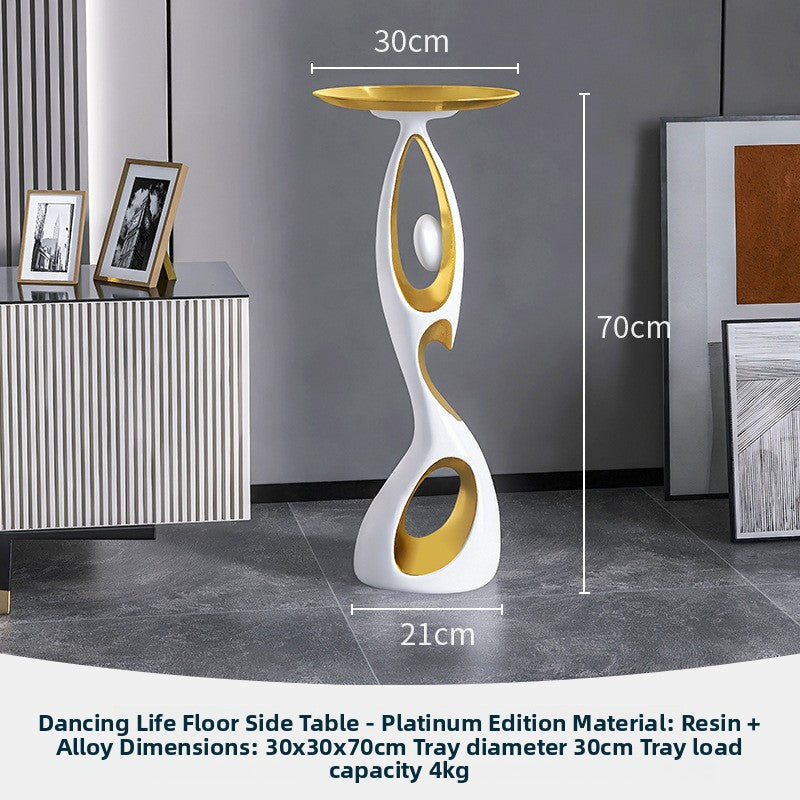 Dancing Life floor side table in platinum white and gold — size diagram, front view