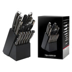 A 15-piece knife set with black handles and silver stainless steel blades, shown in a black block knife holder next to its black retail packaging box on a white background.