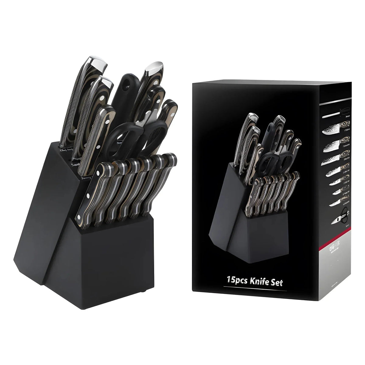 A 15-piece knife set with black handles and silver stainless steel blades, shown in a black block knife holder next to its black retail packaging box on a white background.