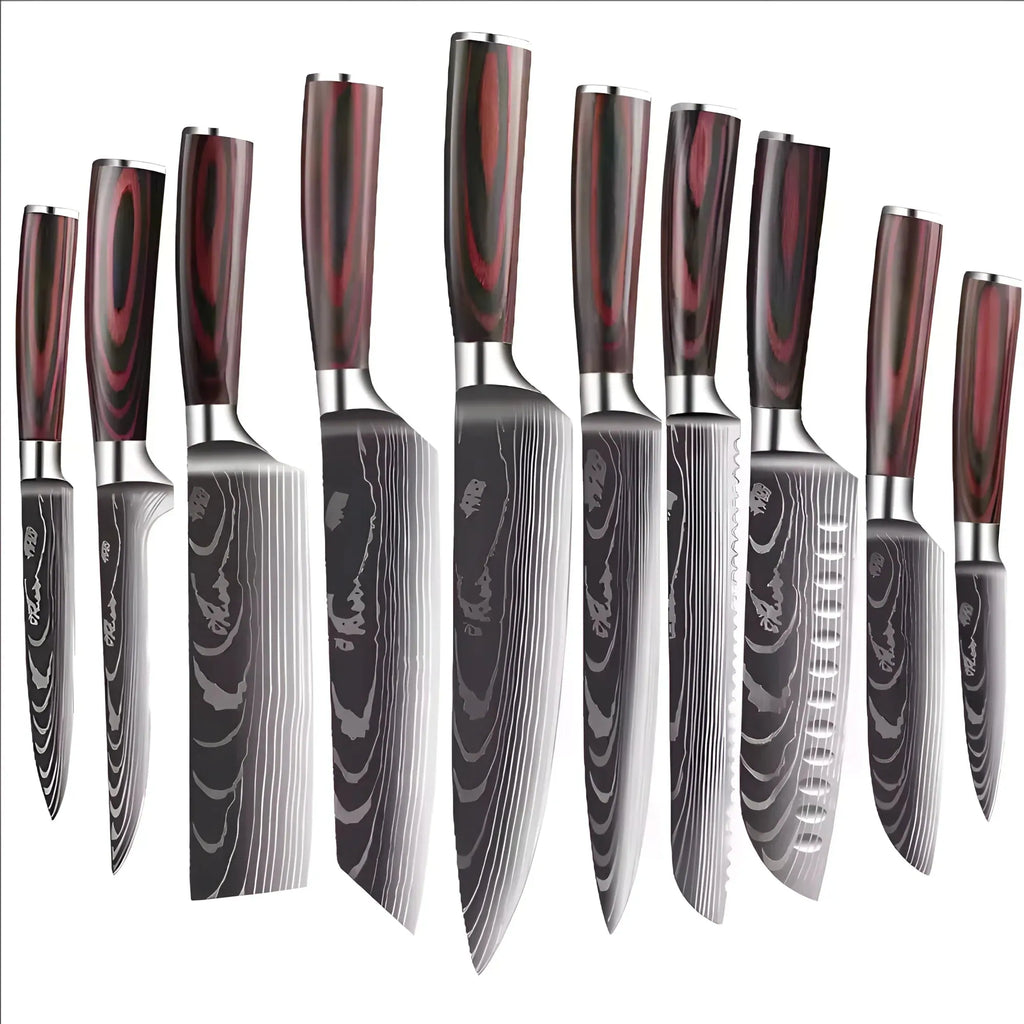 Full kitchen knife set lineup — Damascus pattern stainless steel blades with dark wood handles on a white background