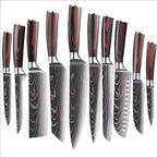 Full kitchen knife set lineup — Damascus pattern stainless steel blades with dark wood handles on a white background