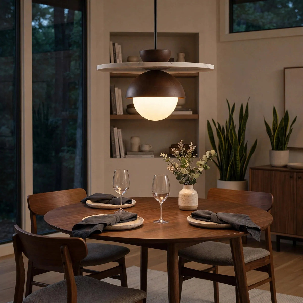 Warm-lit walnut pendant light with frosted glass globe over a dining table
