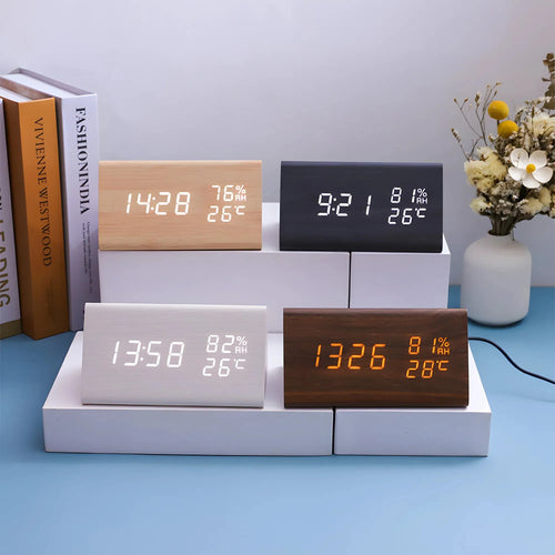 Wooden digital alarm clock with LED time, temperature and humidity display