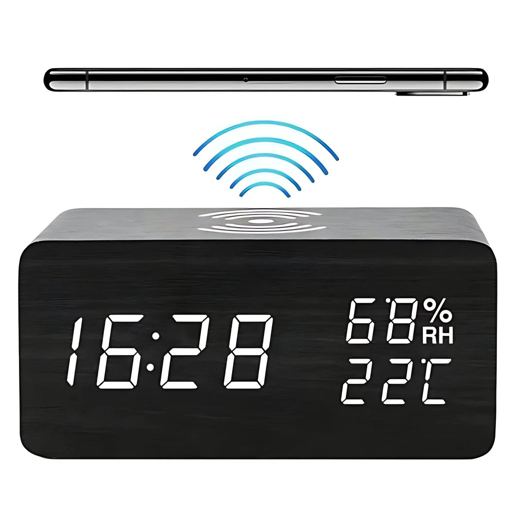 Wireless charging LED alarm clock in wooden finish with bright digital display