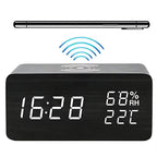 Wireless charging LED alarm clock in wooden finish with bright digital display