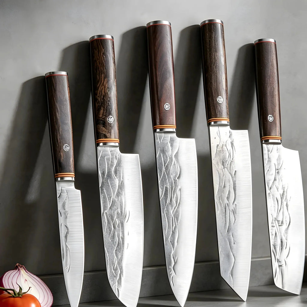 Forged kitchen knife set of five knives with dark wood handles standing upright
