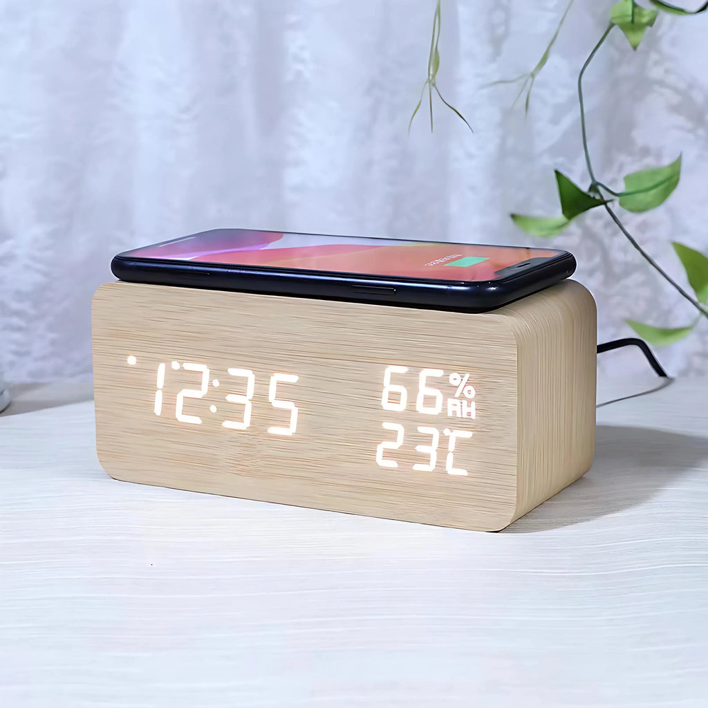 Wooden digital clock with wireless charging, calendar and temperature display