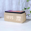 Wooden digital clock with wireless charging, calendar and temperature display