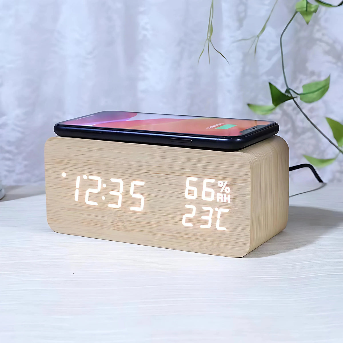 Wooden digital clock with wireless charging, calendar and temperature display