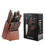 A 15-piece kitchen knife set with a wooden block holder and its black retail packaging box, shown on a plain white background.