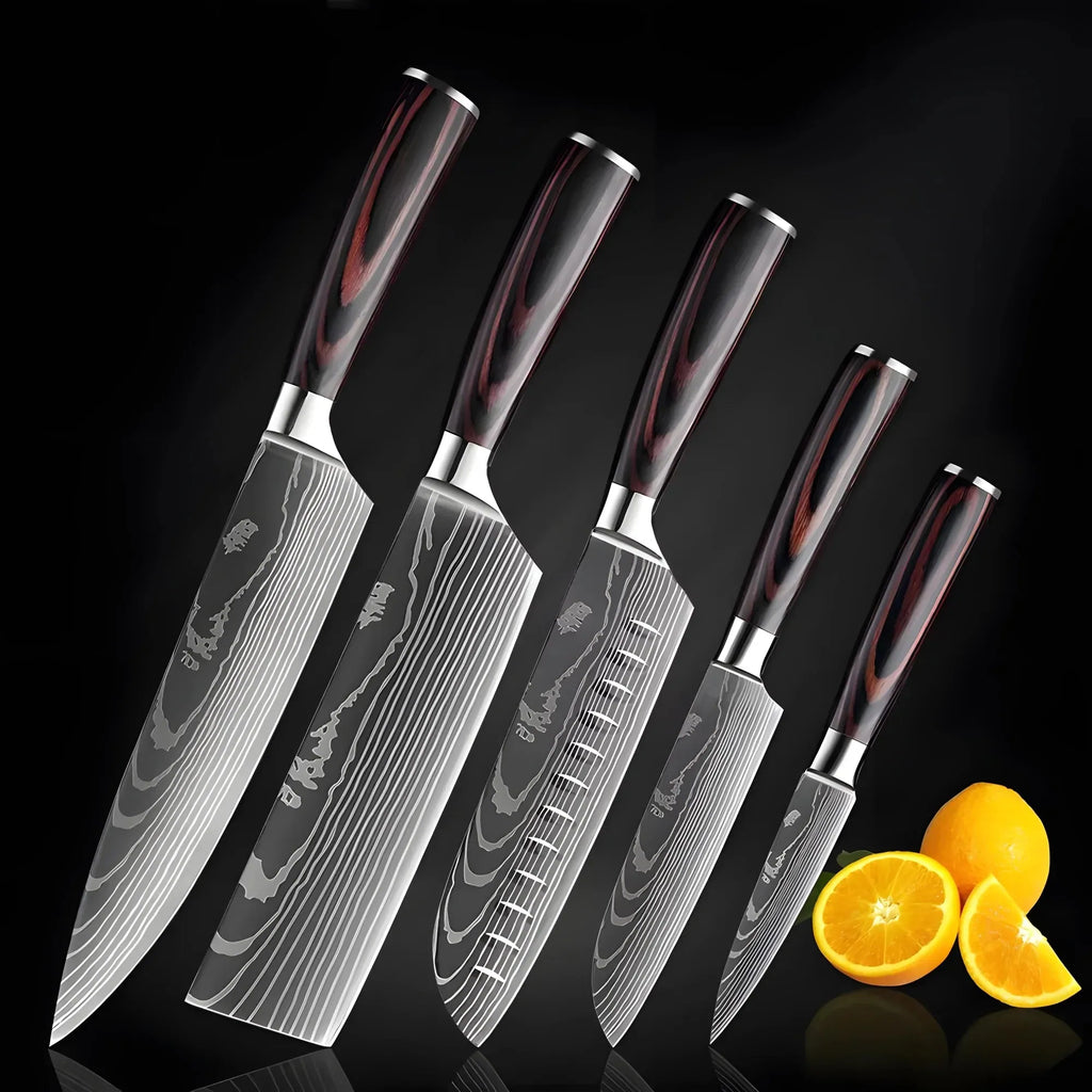 Five-piece kitchen knife set with Damascus pattern blades and wood handles on a black background