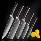 Five-piece kitchen knife set with Damascus pattern blades and wood handles on a black background