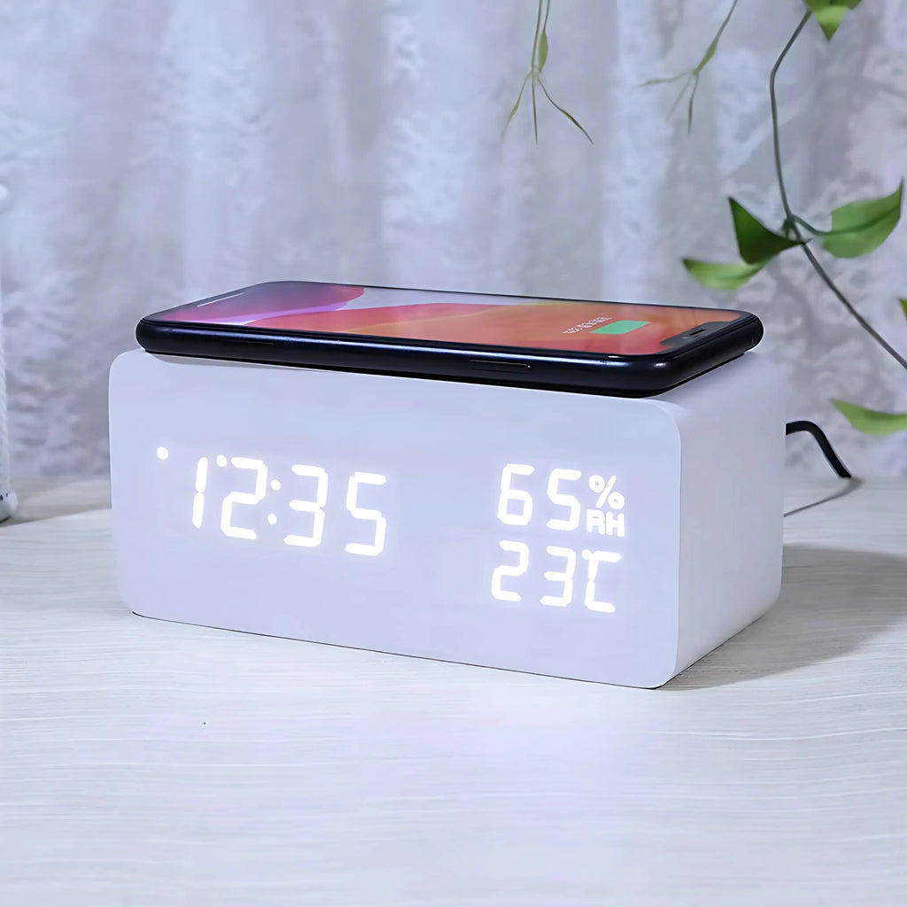 Multifunction wooden clock showing time, date, week and month