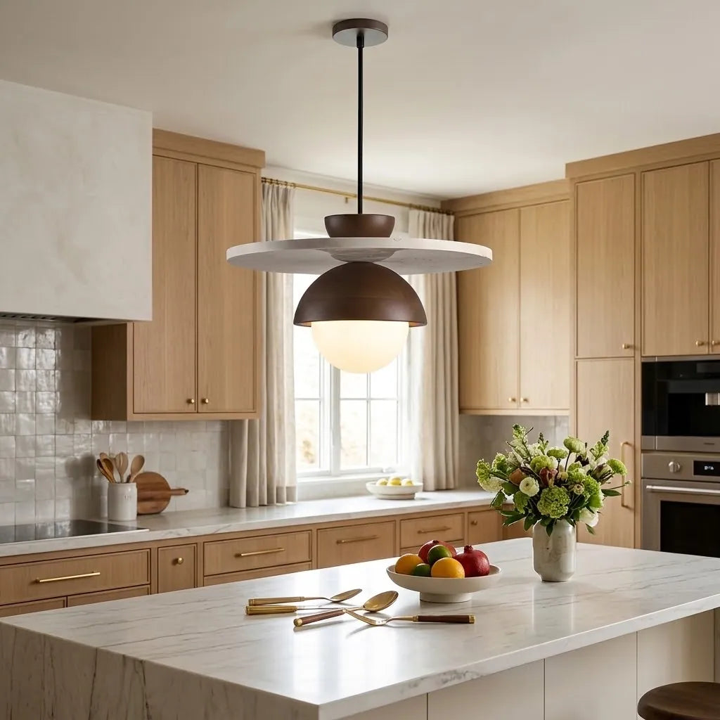 Medieval retro walnut hanging pendant light with warm ambient light