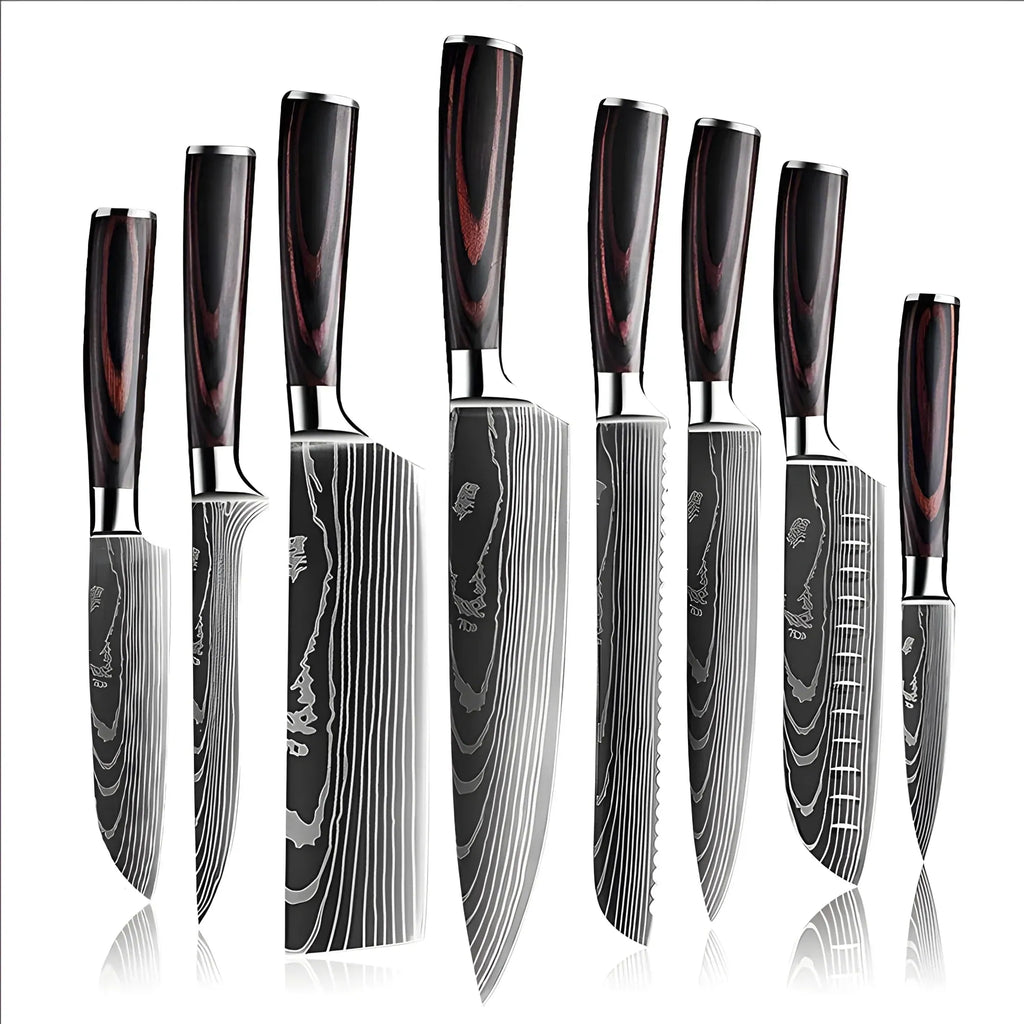Eight kitchen knives with Damascus pattern blades and wood handles standing in a row
