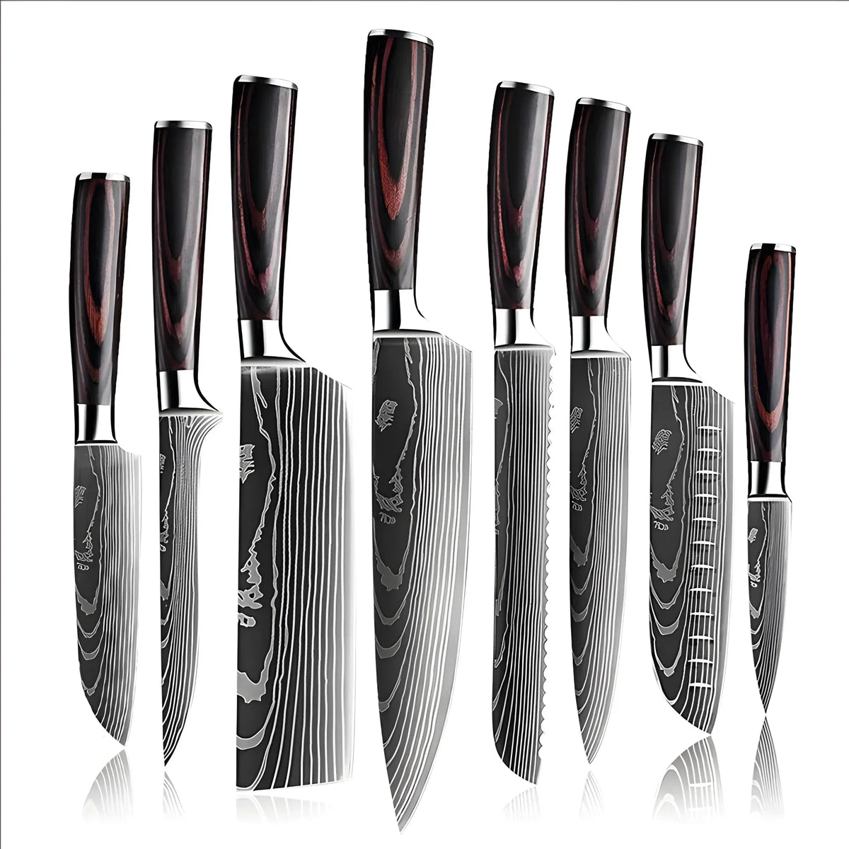 Eight kitchen knives with Damascus pattern blades and wood handles standing in a row