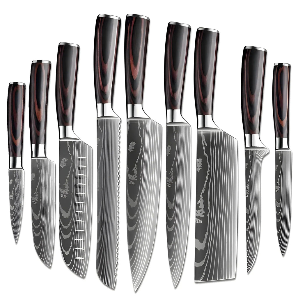 Complete stainless steel knife set with wood handles — chef, bread, santoku and utility knives