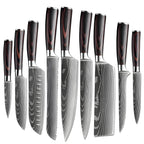 Complete stainless steel knife set with wood handles — chef, bread, santoku and utility knives