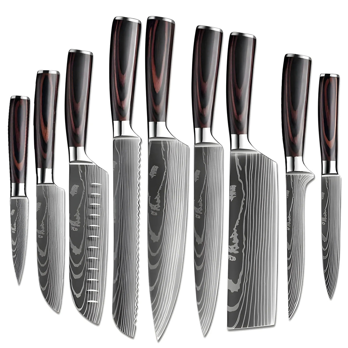 Complete stainless steel knife set with wood handles — chef, bread, santoku and utility knives