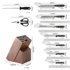 A product measurement chart showing dimensions and weights of kitchen tools, including a wooden knife block, scissors, and several knives with rulers and calipers overlaid to indicate size and weight information.