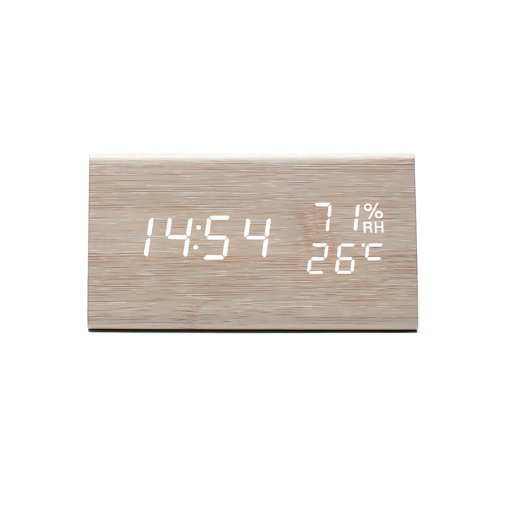 Modern wooden alarm clock — front view of the LED display