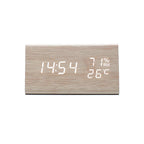 Modern wooden alarm clock — front view of the LED display