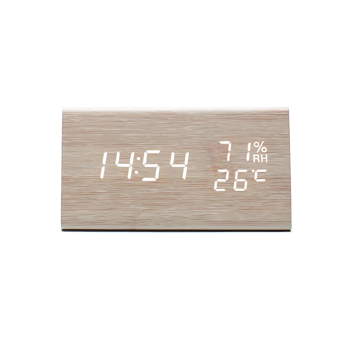 Modern wooden alarm clock — front view of the LED display