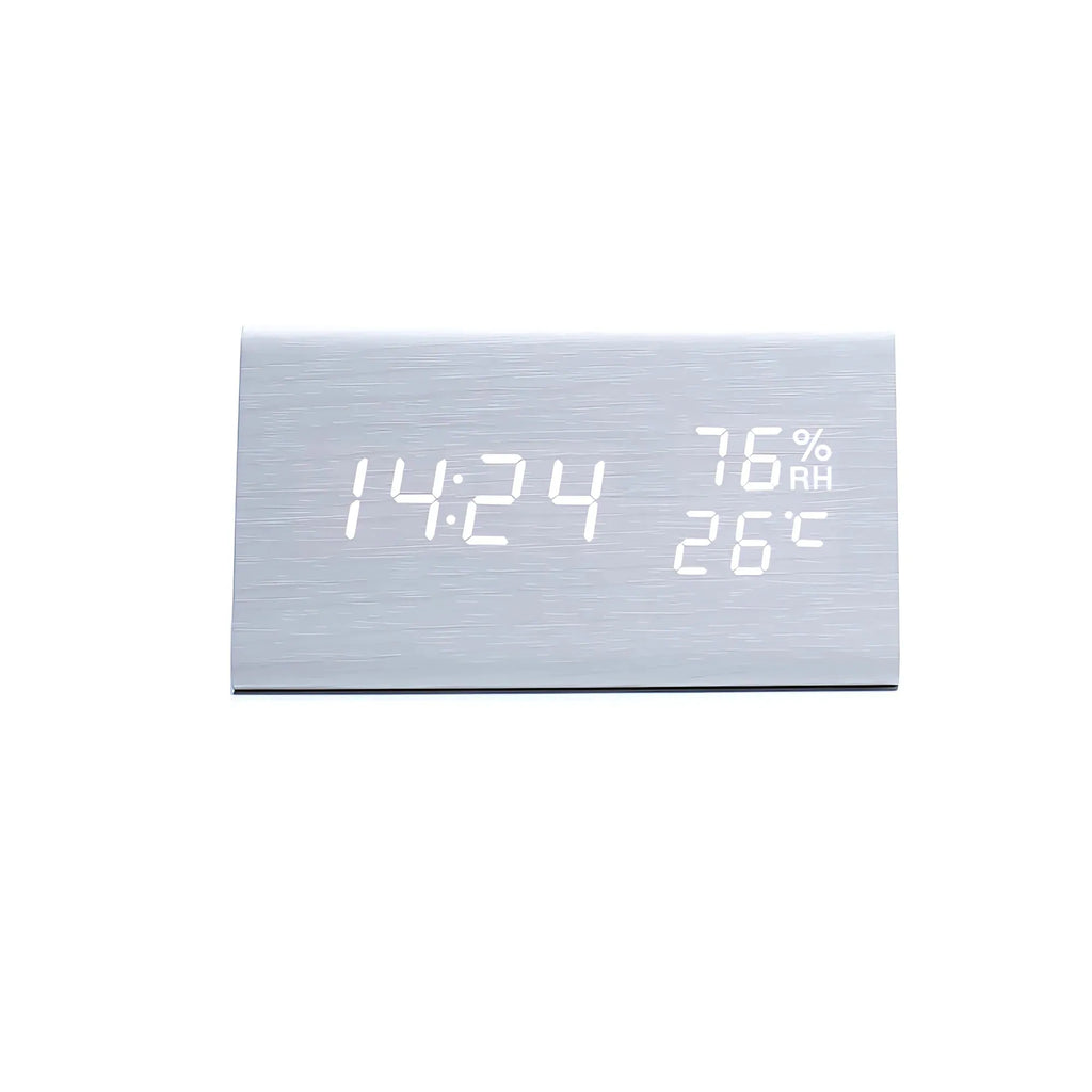 Wooden digital alarm clock in black, white and dark brown colour options