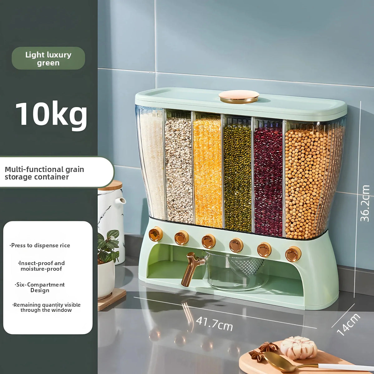 Grain storage box size and feature graphic showing its six-compartment press-to-dispense design in light luxury green