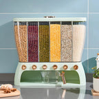Front view of the light green grain storage box filled with six kinds of grains, beans and legumes