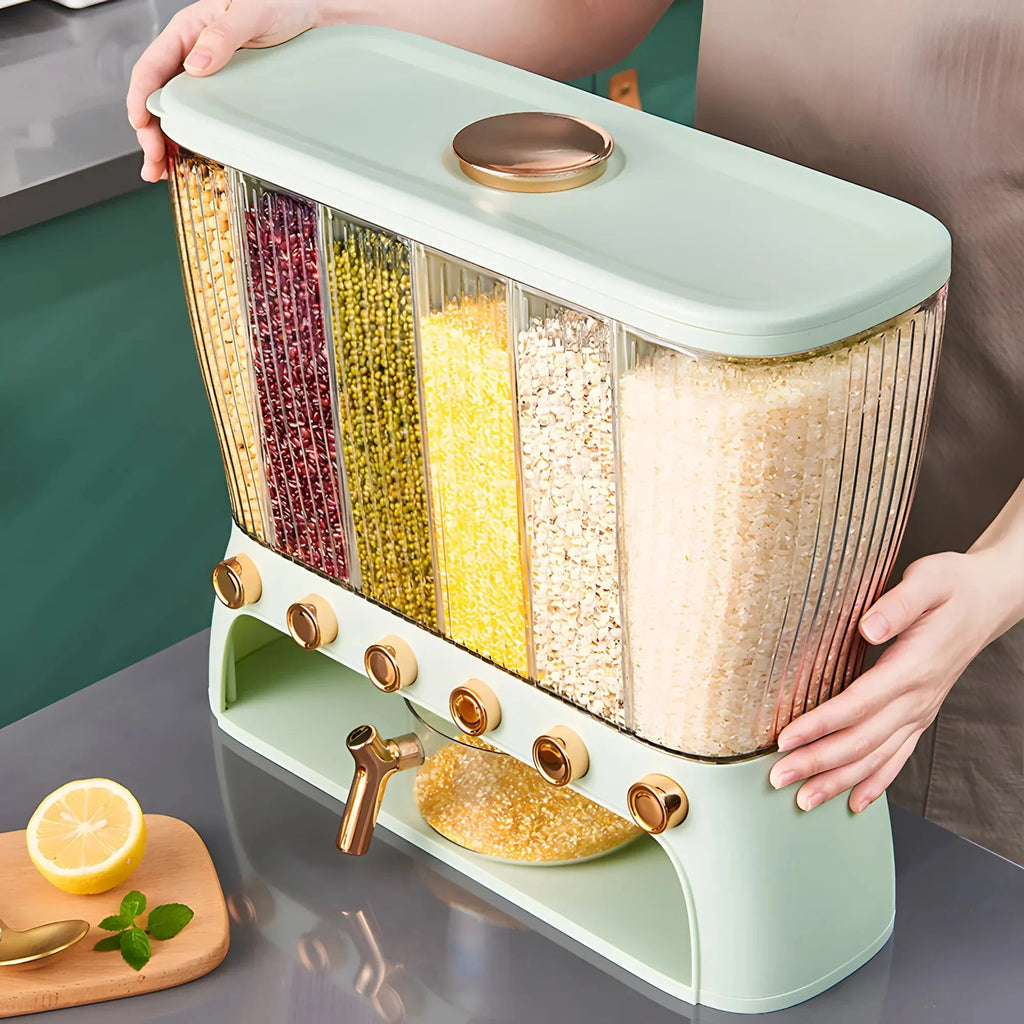 Person lifting the portable grain storage box filled with rice and mixed grains on a kitchen counter