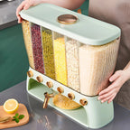 Person lifting the portable grain storage box filled with rice and mixed grains on a kitchen counter